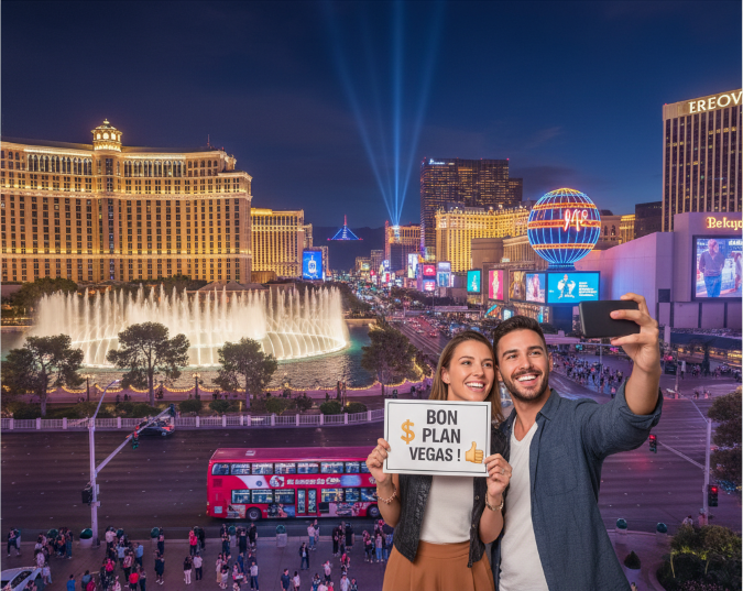 Un couple souriant prend un selfie avec une pancarte "Bon plan Vegas !" devant les fontaines du Bellagio et le Strip de Las Vegas illuminé la nuit.
